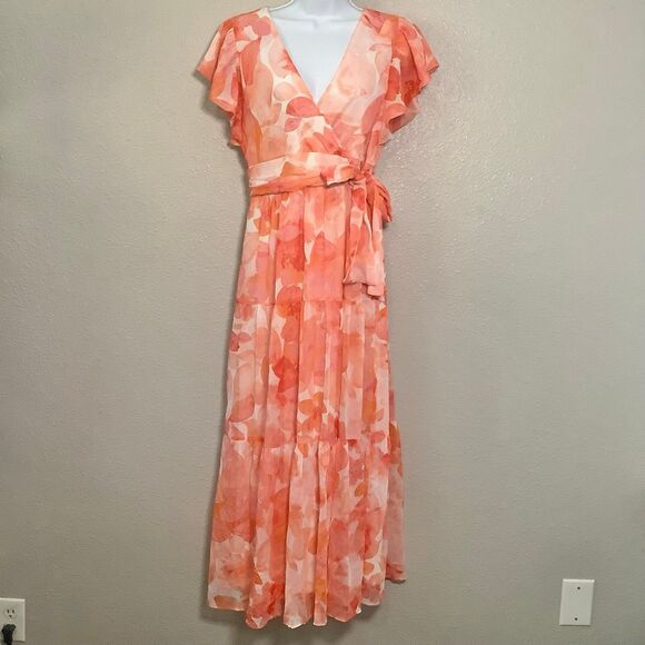 Dkny Dresses & Skirts - Coral Floral Feminine Romantic Tiered Babydoll Tied Waist Maxi Dress Sz 4 Summer
